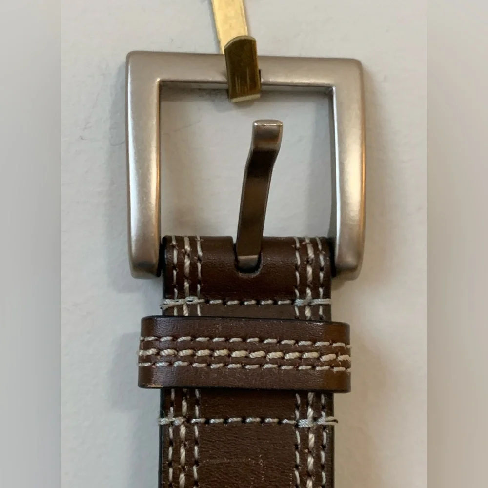 Women’s Brown Genuine Leather Belt with White Contrast Stitching